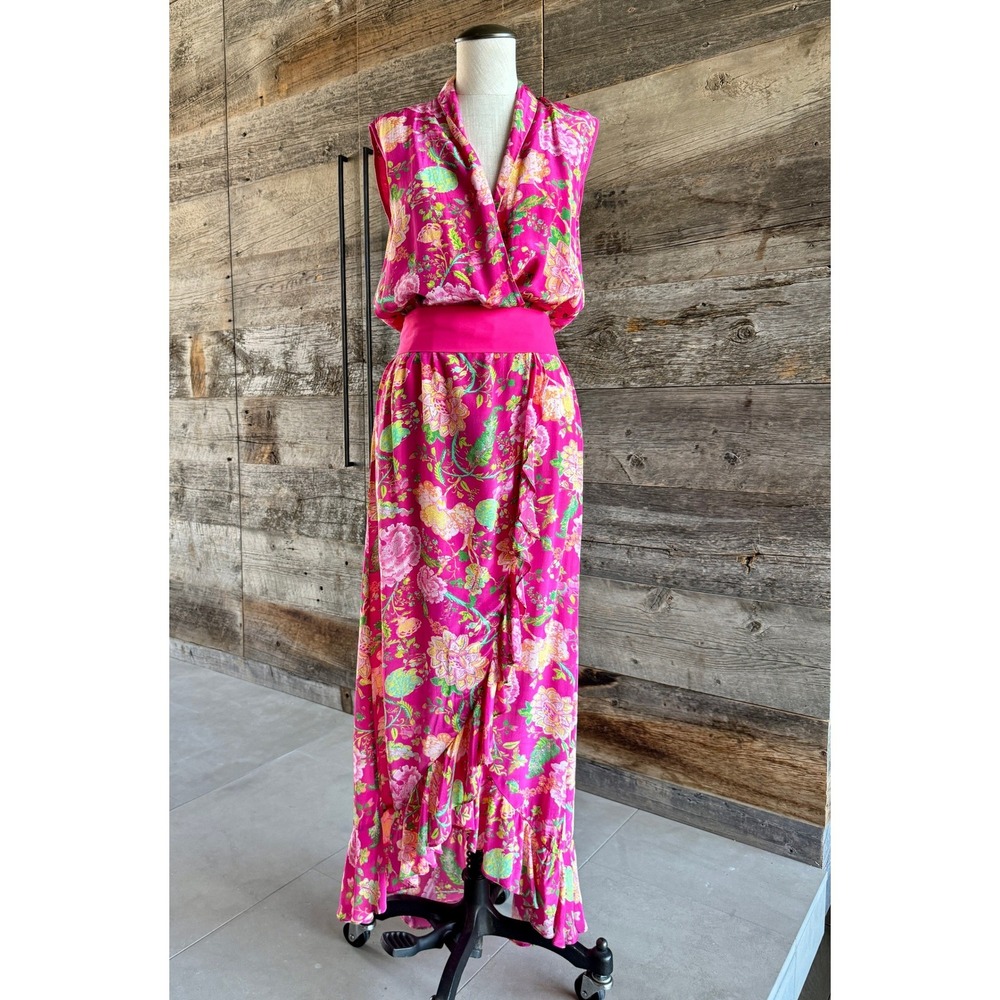 Rococo Sand Floral Wrap‎ Maxi Dress S Pink Ruffle Flounce Wedding Romantic READ*